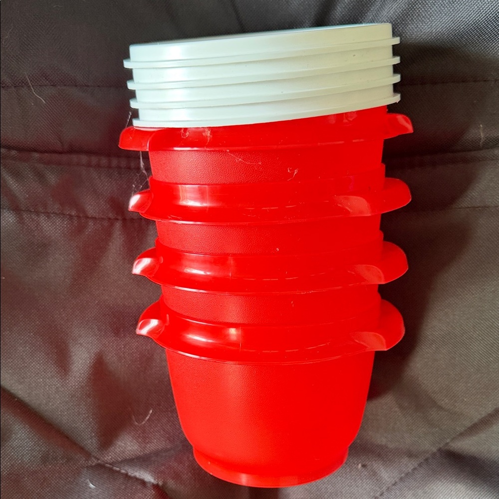 New! Tupperware Red Cups with White Lids Stackable Set